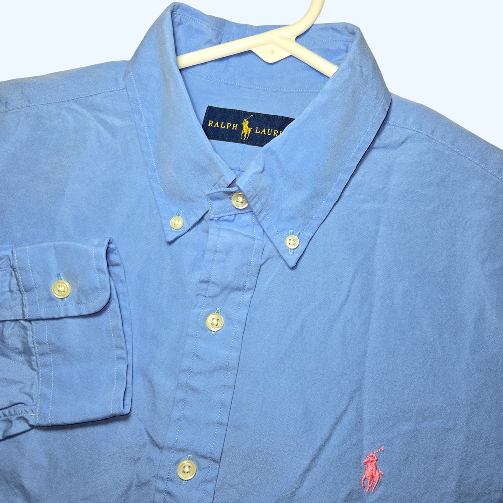 Ralph Lauren Long Sleeve Button Down Shirt Sky Blue Pink Pony Logo Mens Medium